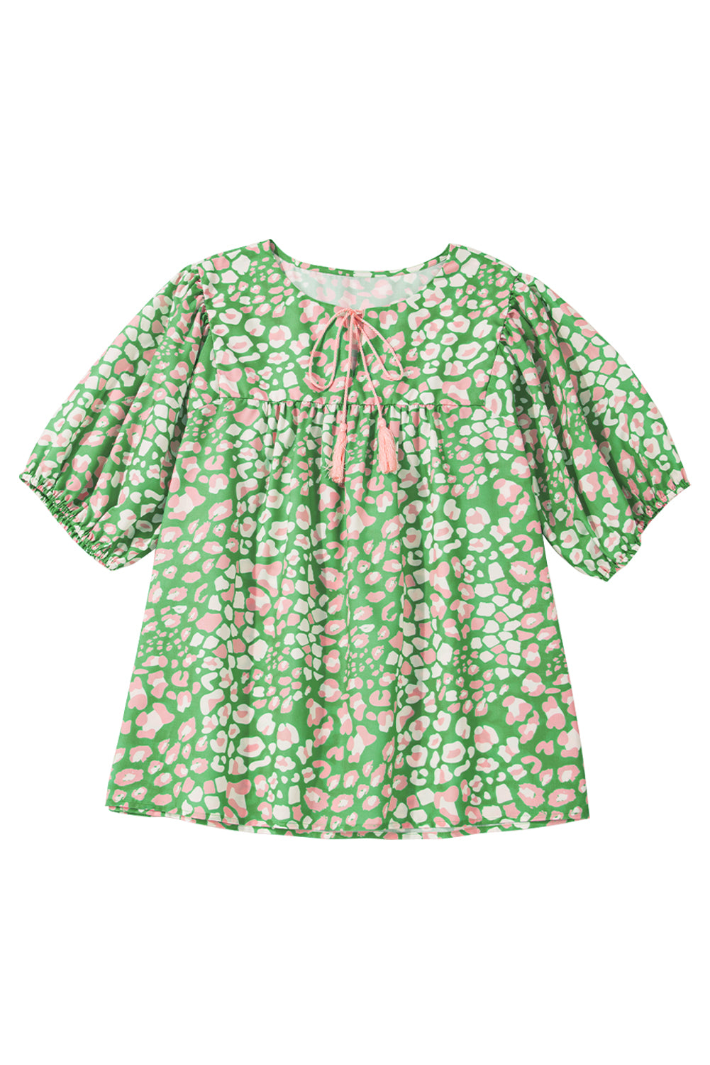 Green Abstract Leopard Tied Front Flutter Sleeve Blouse