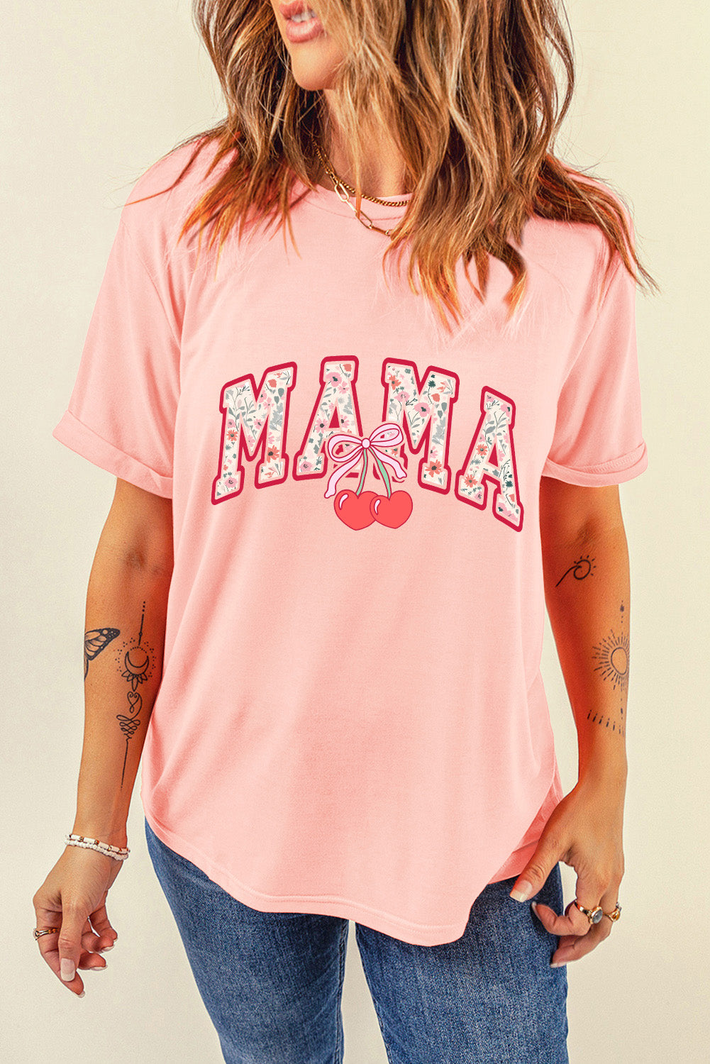 Pink Floral MAMA Cherry Graphic Crewneck T Shirt