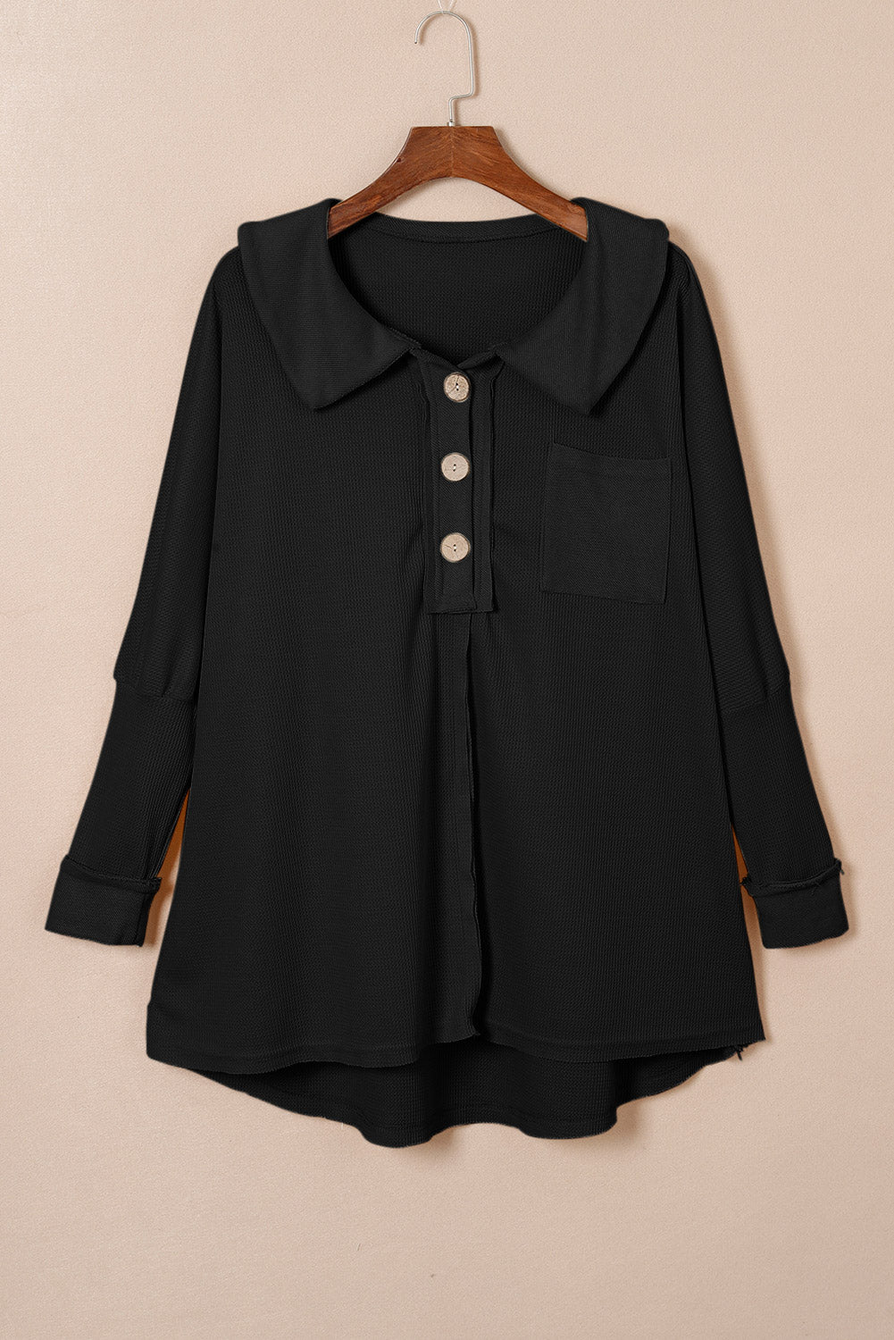 Brown Waffle Knit Buttoned Long Sleeve Top