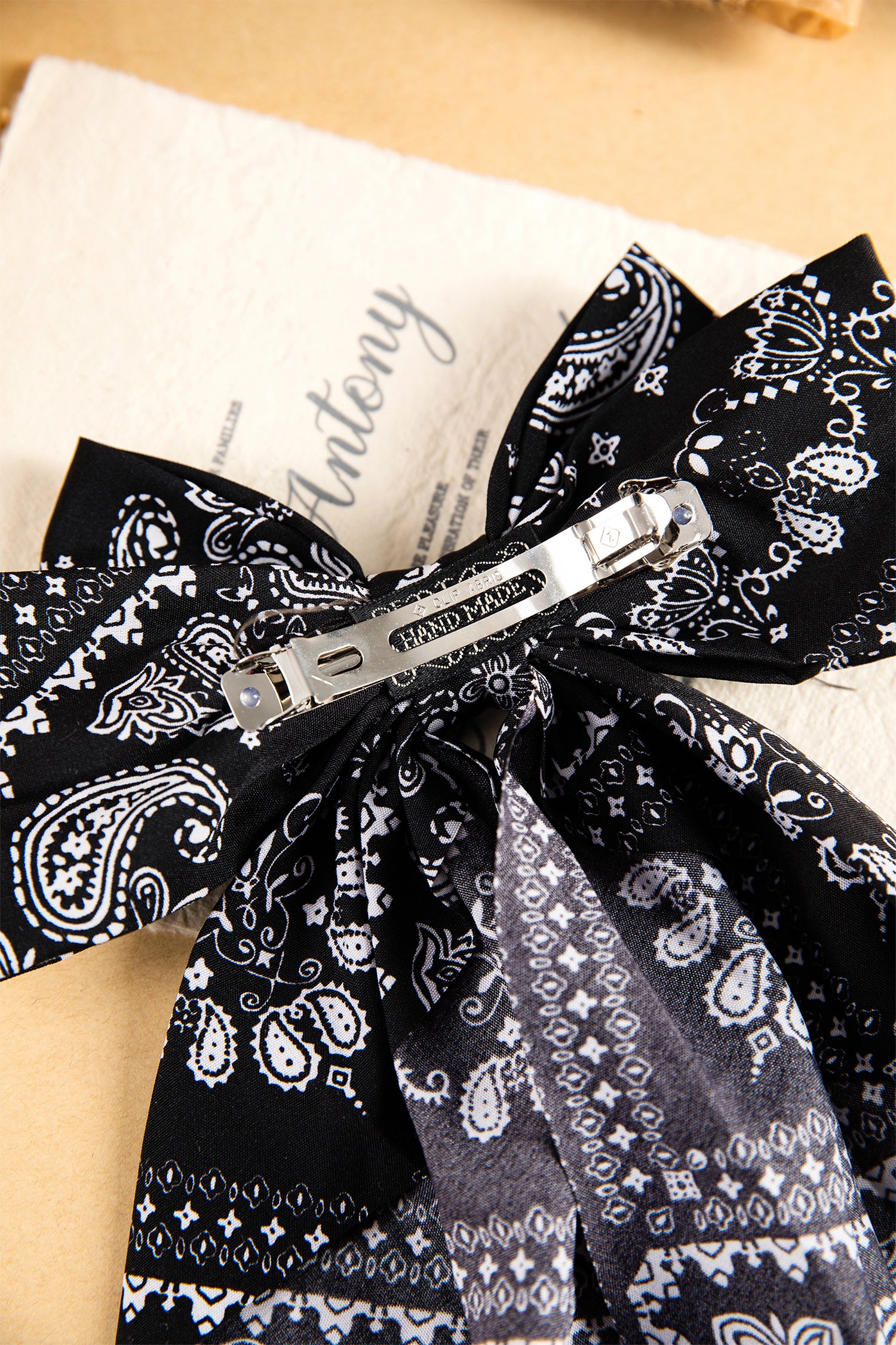 Black Boho Paisley Floral Print Silky Ribbon Bow Hair Clip