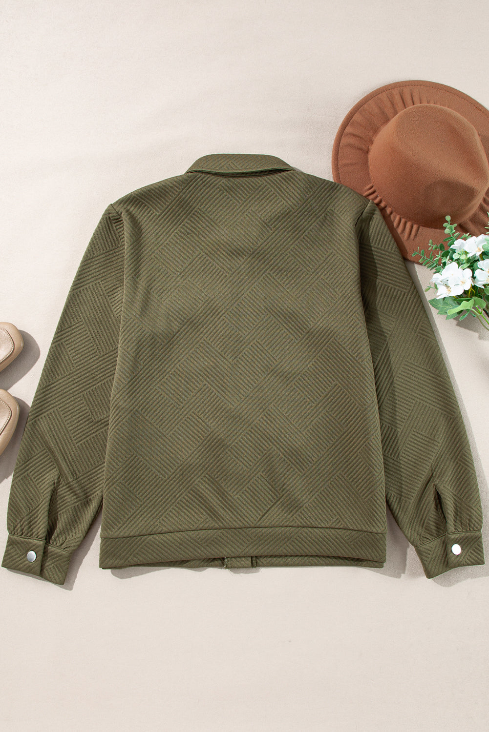 Coffee Solid Color Zip Up Button Flap Pocket Shirt Collar Jackets