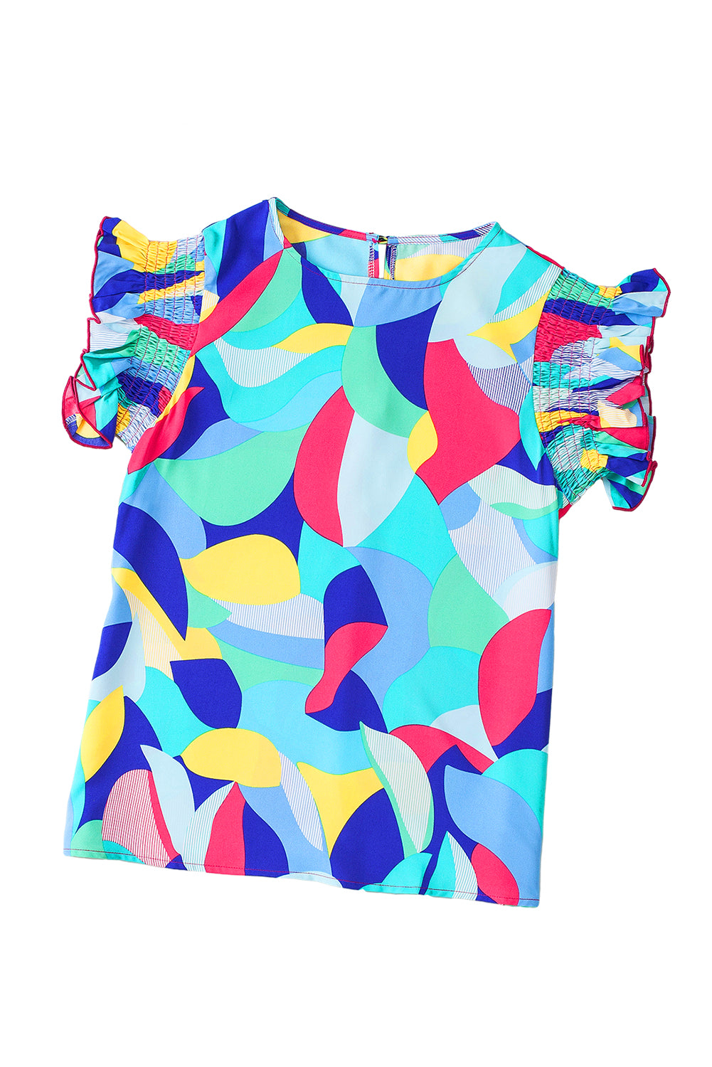 Multicolor Abstract Print Stitching Ruffle Sleeve Blouse