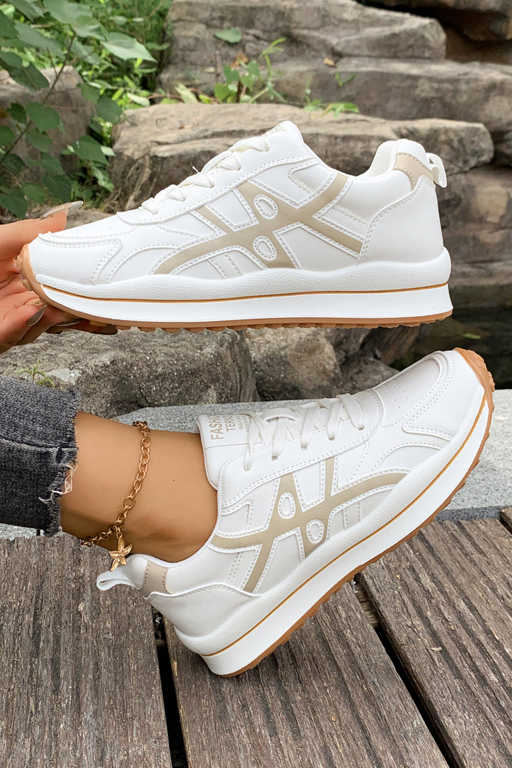 White Playful Contrast Color Detail Lace Up Womens Sneakers