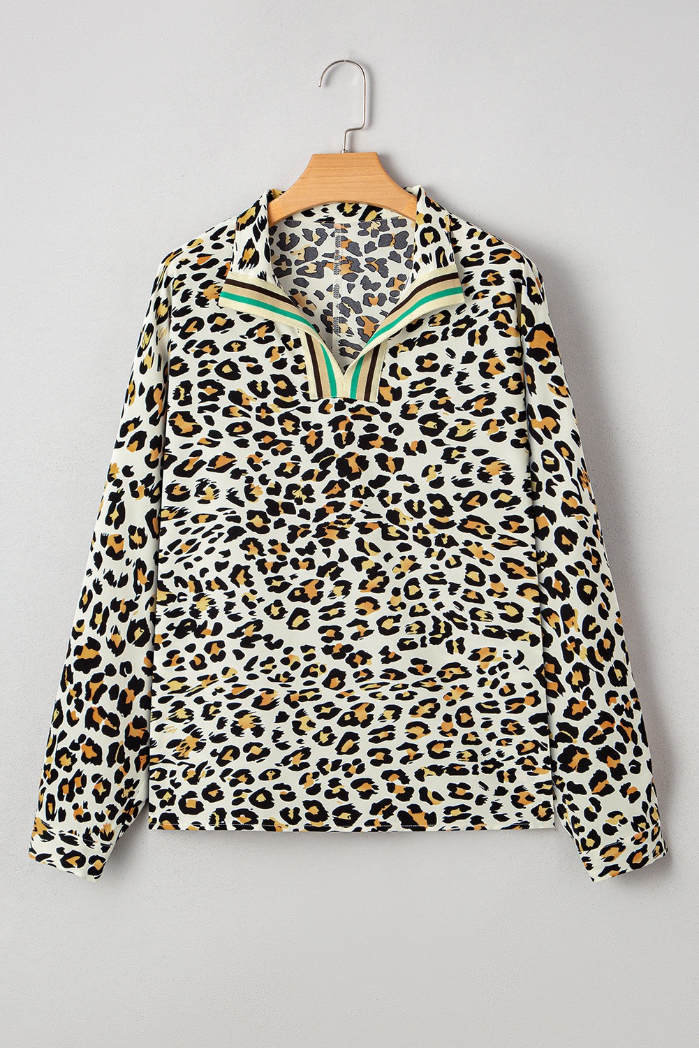 Khaki Leopard Print Contrast Striped V Neck Blouse