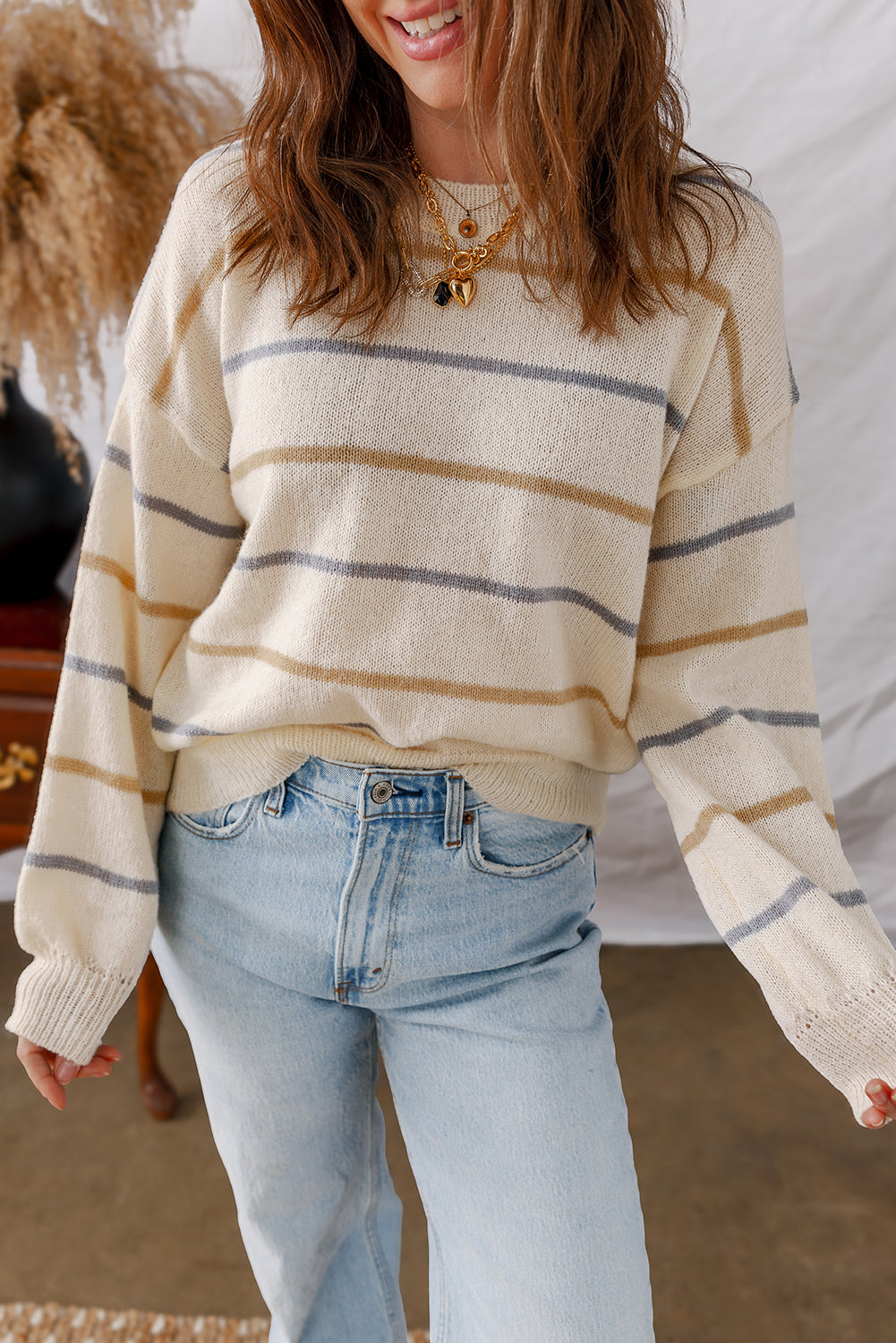 Multicolour Striped Buttoned Front V Neck Drop Shoulder Cardigan Sweater
