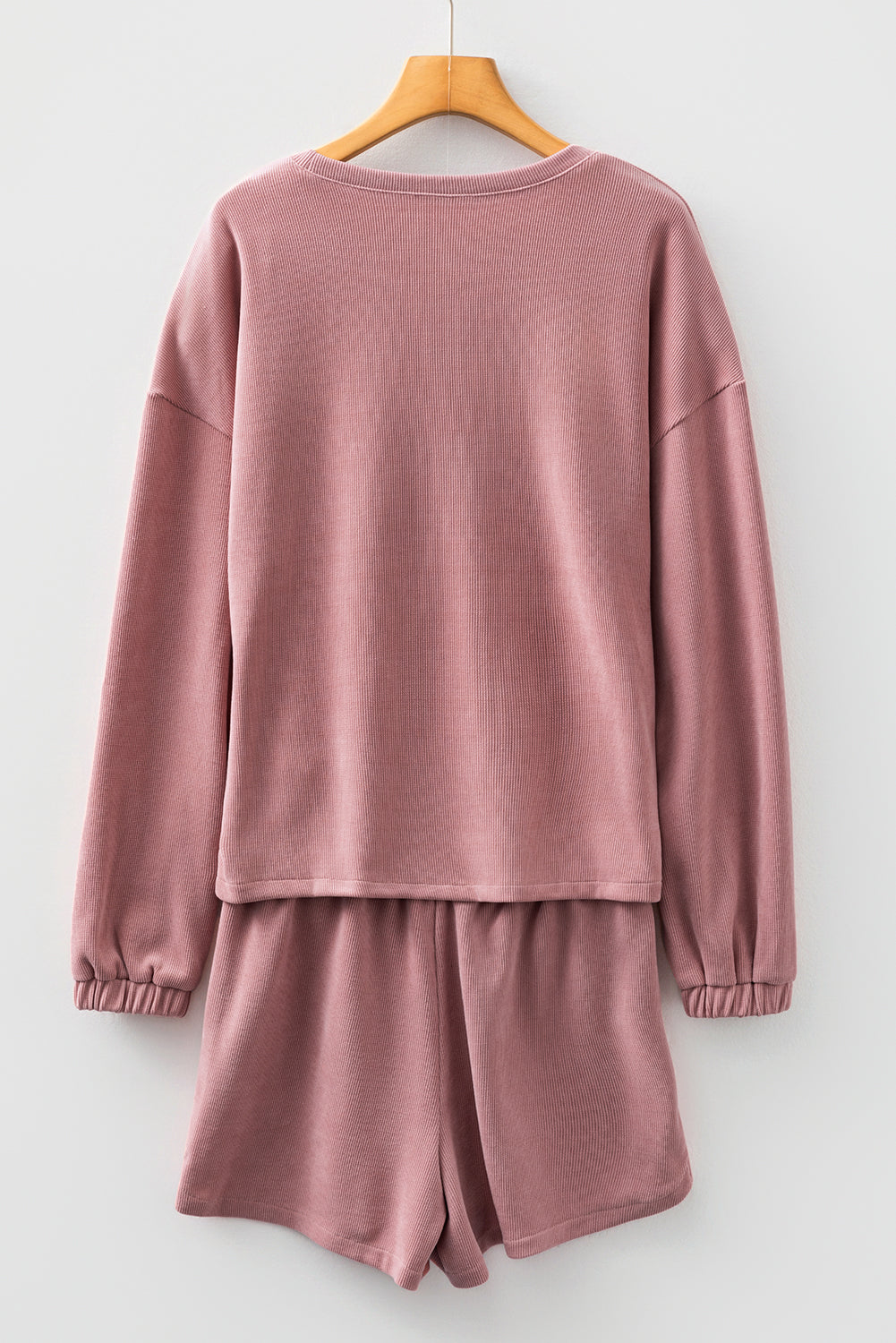 Jet Stream Solid Color Textured Knit Drop Shoulder Pullover Drawstring Shorts Set