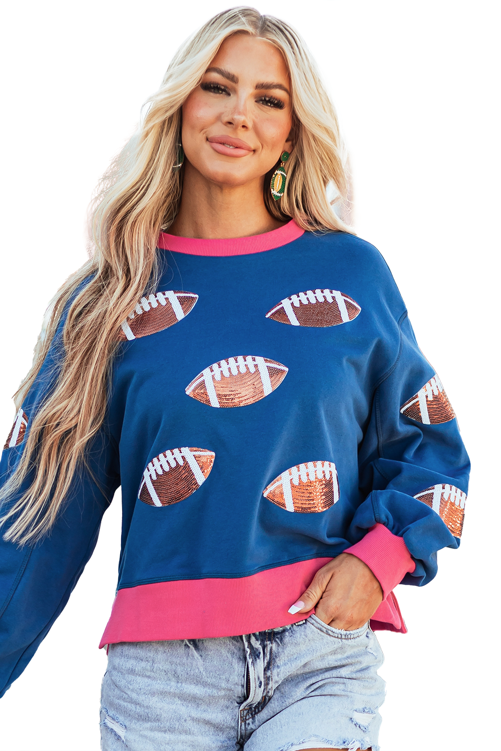 Blue Colorblock Bubble Sleeve Sweatshirt