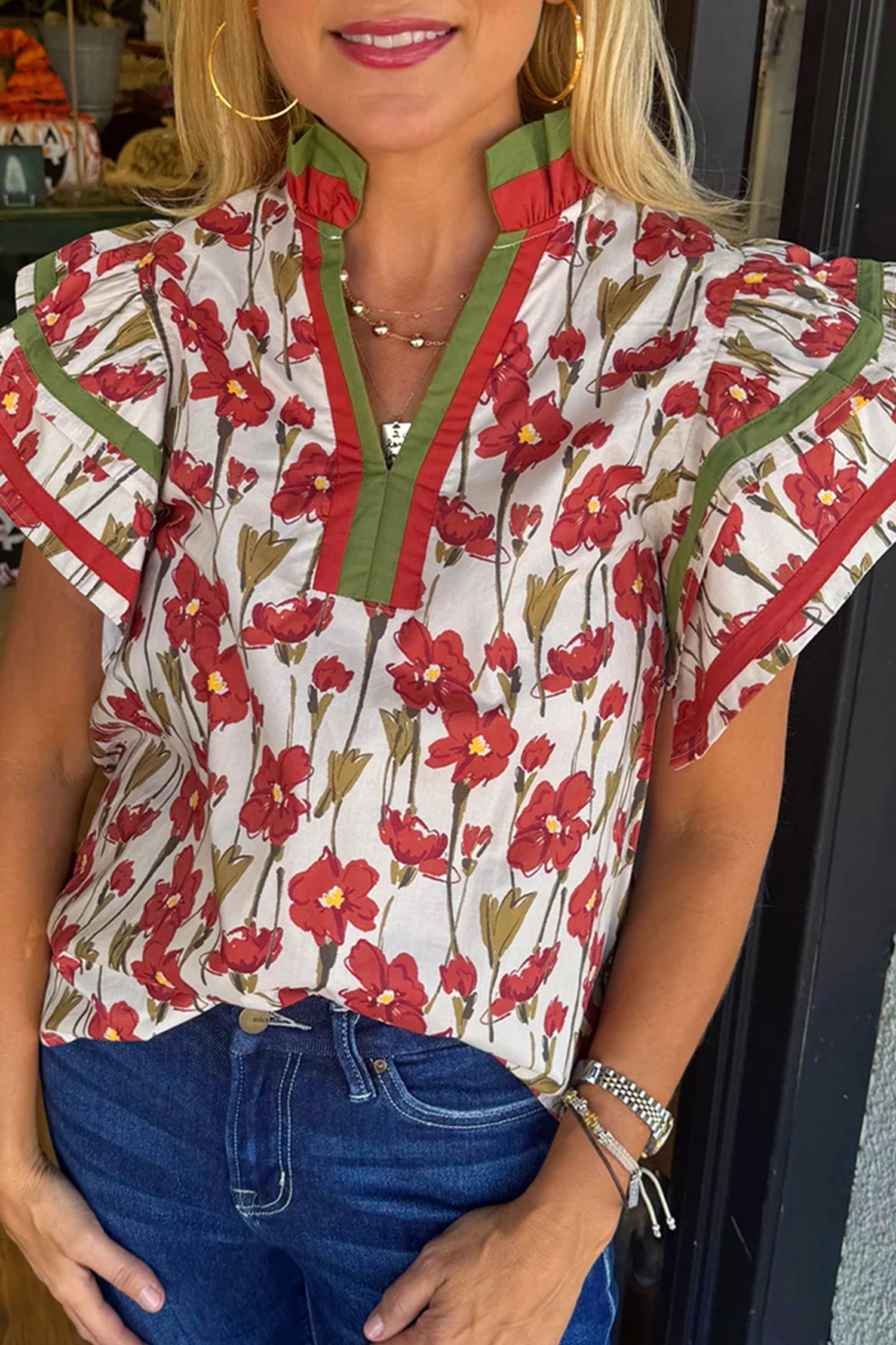 Pink Floral Print Contrast Trim V Neck Double Ruffled Short Sleeve Blouse