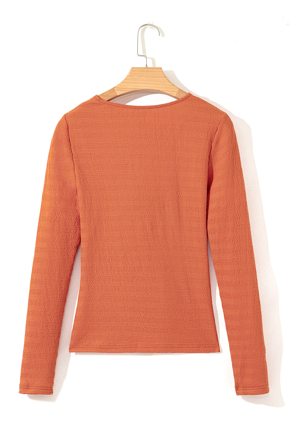 Moonlight Jade Textured Twist Front V Neck Long Sleeve Slim Solid Color Top