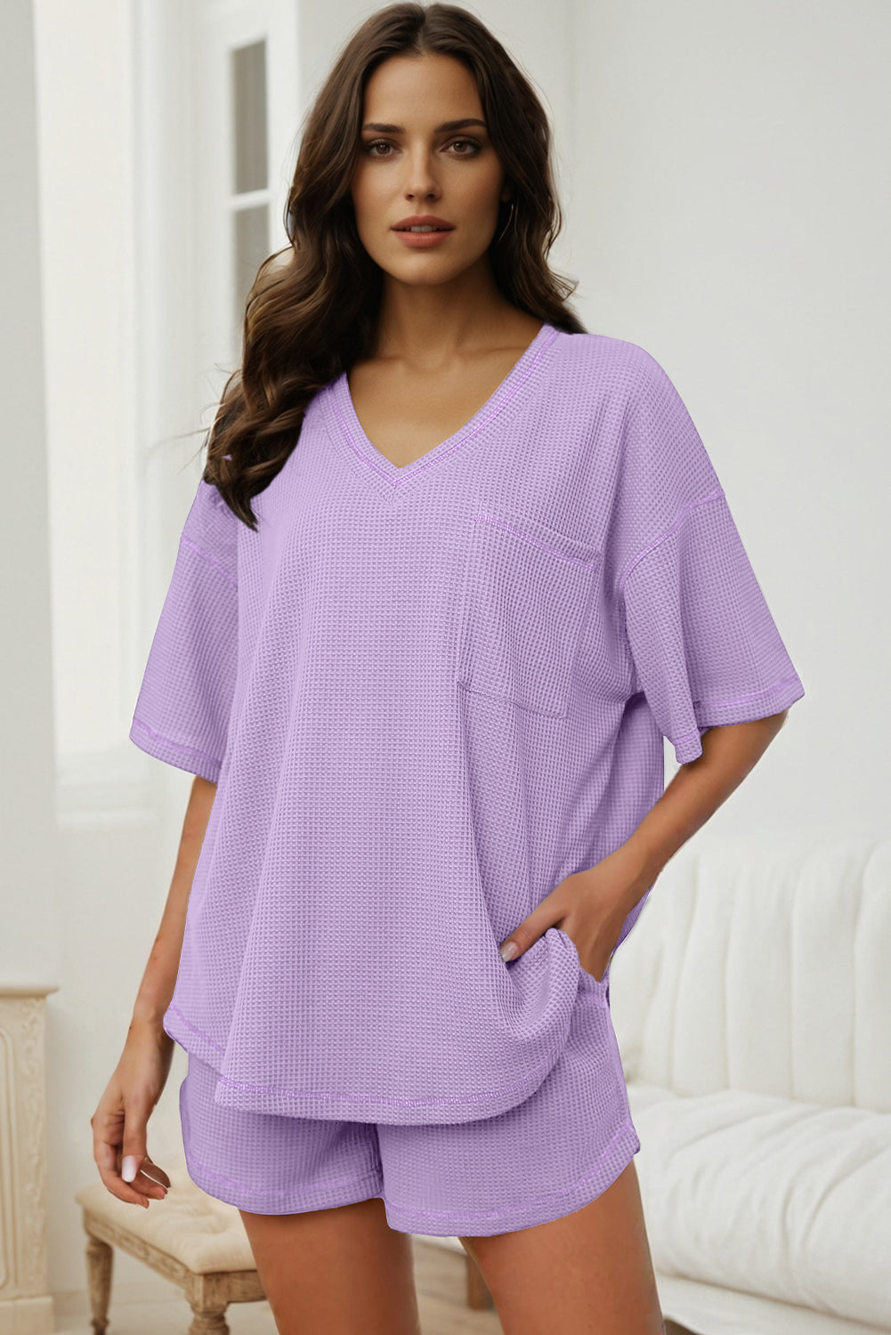 Rose Red Solid Color Waffled V Neck Loose Tee Drawstring Shorts Set