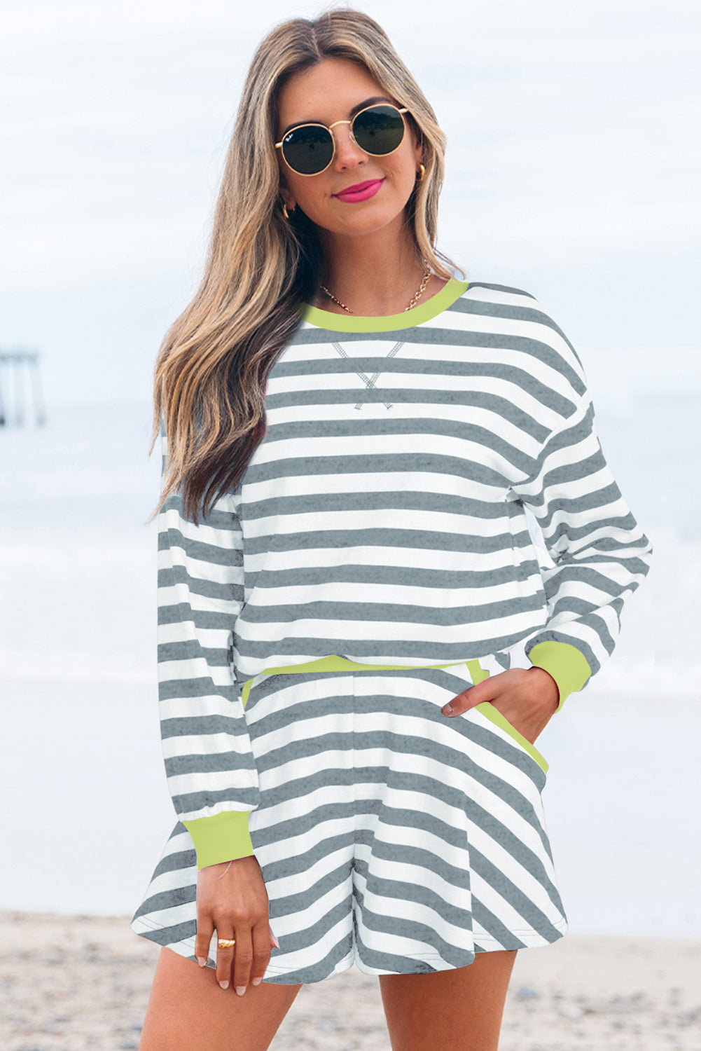 Black Stripe Color Block Edge Pullover and Shorts PLus Size Set