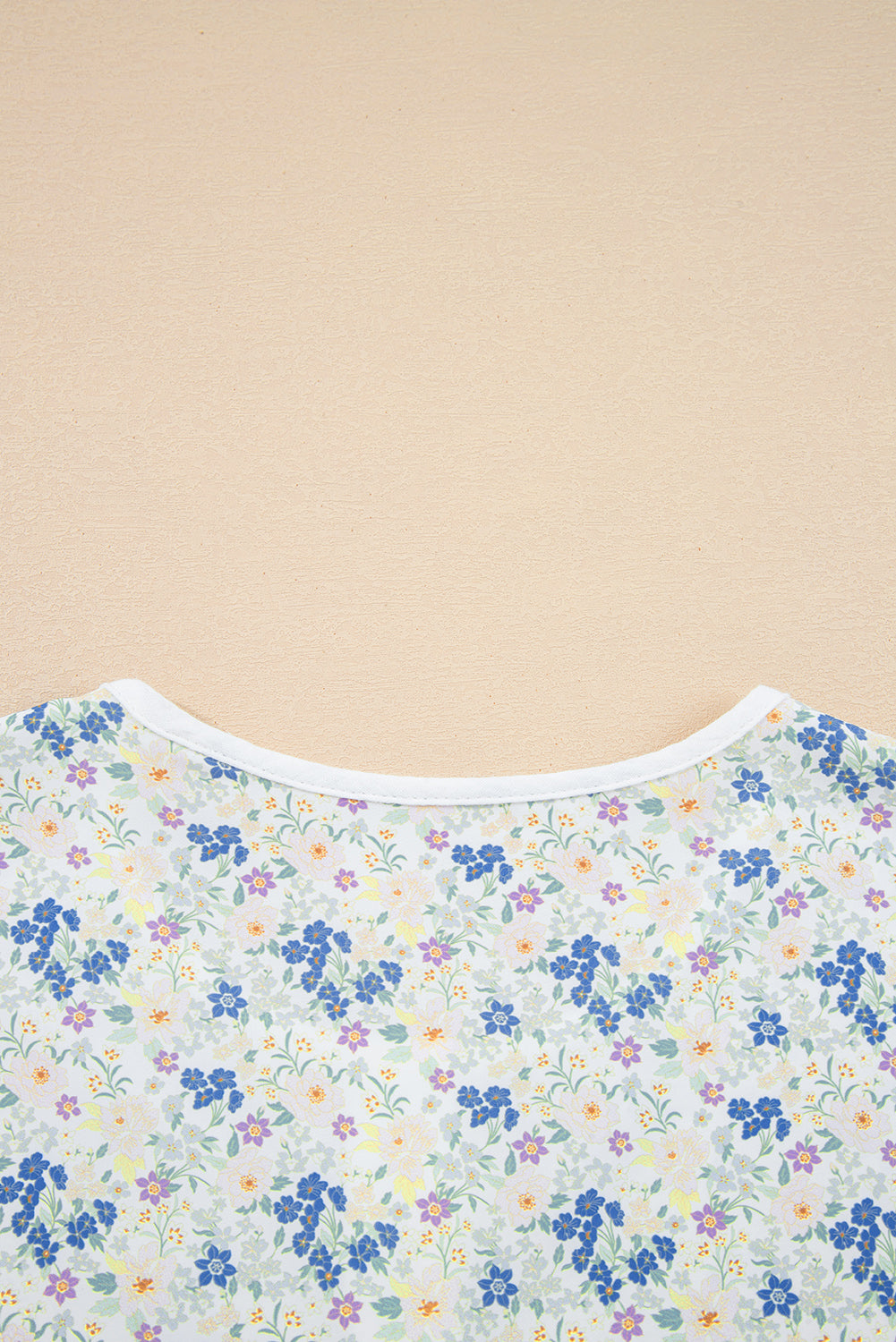 Sky Blue Floral Print Gauze Patchwork Henley Button 3/4 Sleeve Blouse