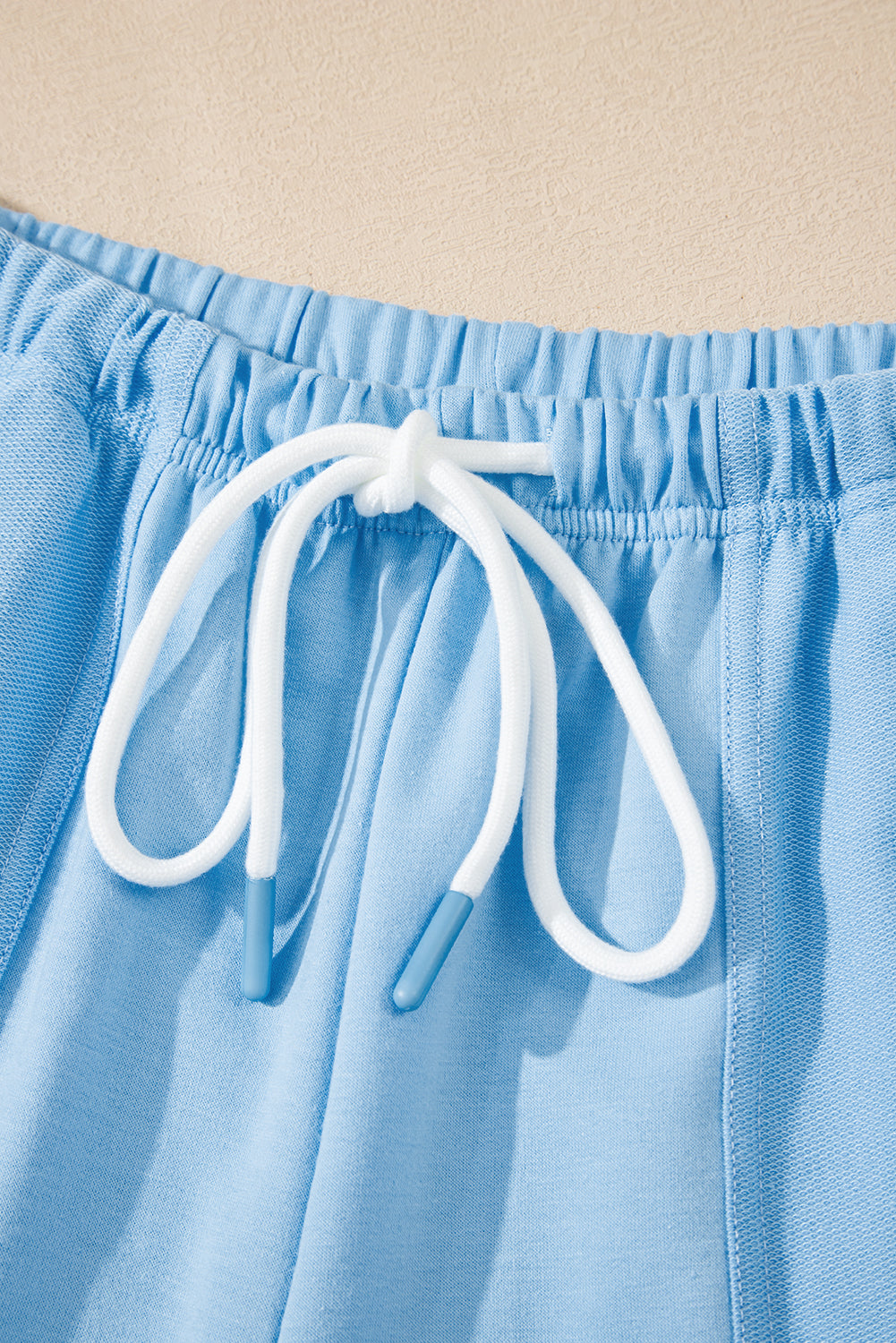 Mint Green V Neck Drop Shoulder Tee and Patchwork Drawstring Elastic Waistband Shorts Set