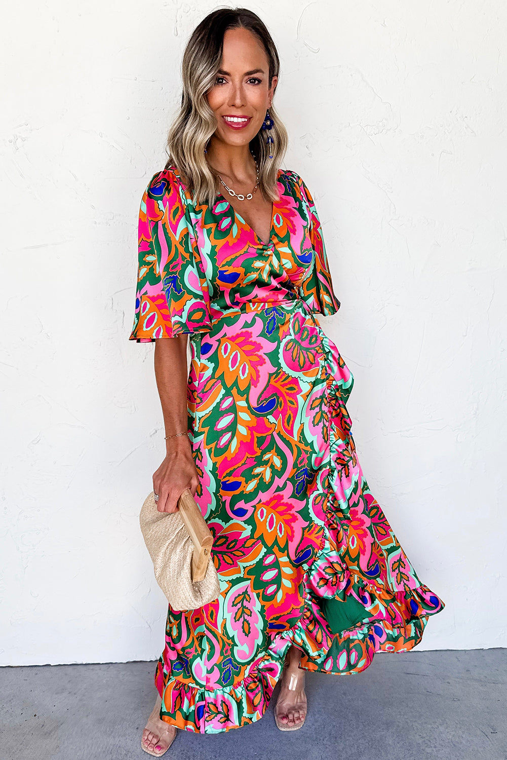 Rose Summer Plant Print Lace up V Neck Short Sleeve Blouse