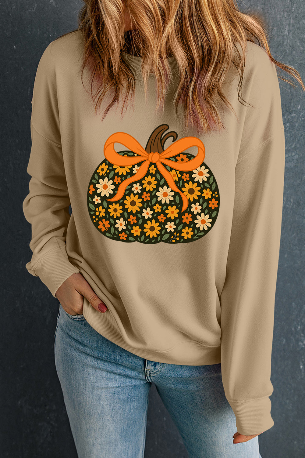 Khaki Floral Pumpkin Graphic Thanksgiving Sweatshirt