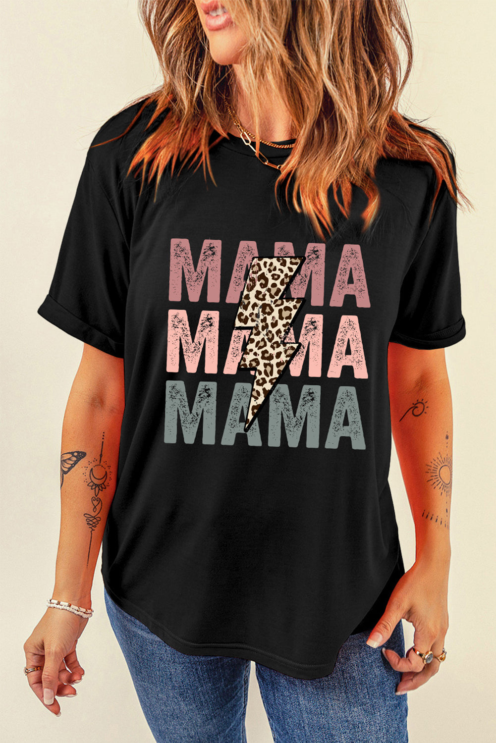 White MAMA Floral Block Graphic Casual T Shirt