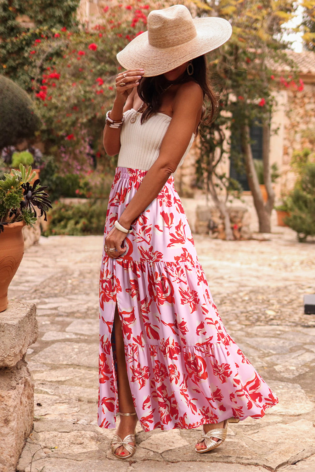 Orange Bohemian Floral Print Tiered Maxi Skirt with Split