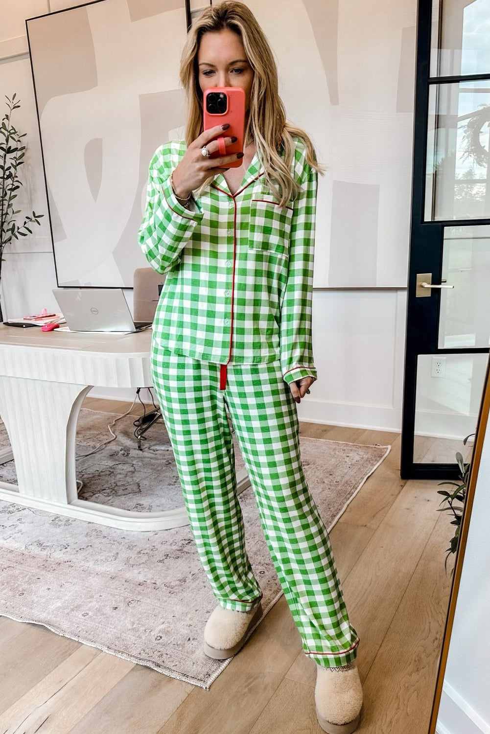 Fiery Red Christmas Plaid Print Shirt and Pants Pajama Set