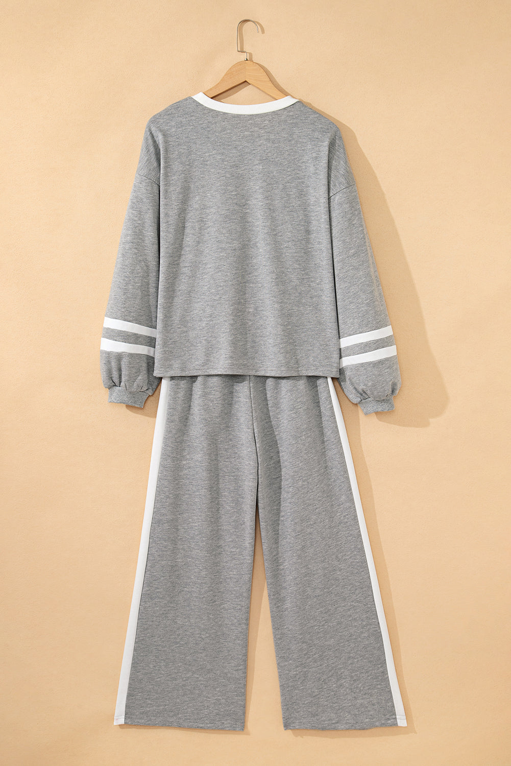 Gray Varsity Stripe Patchwork Puff Sleeve Pullover Drawstring Wide Leg Pant Set