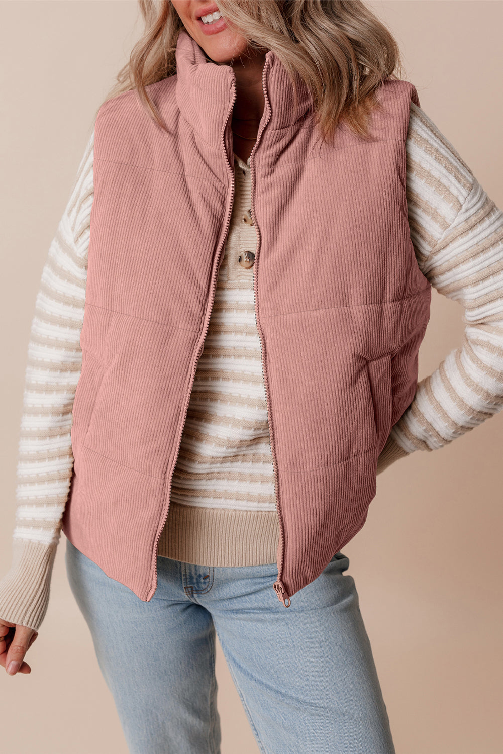 Beige Corduroy Stand Neck Zipped Puffer Vest