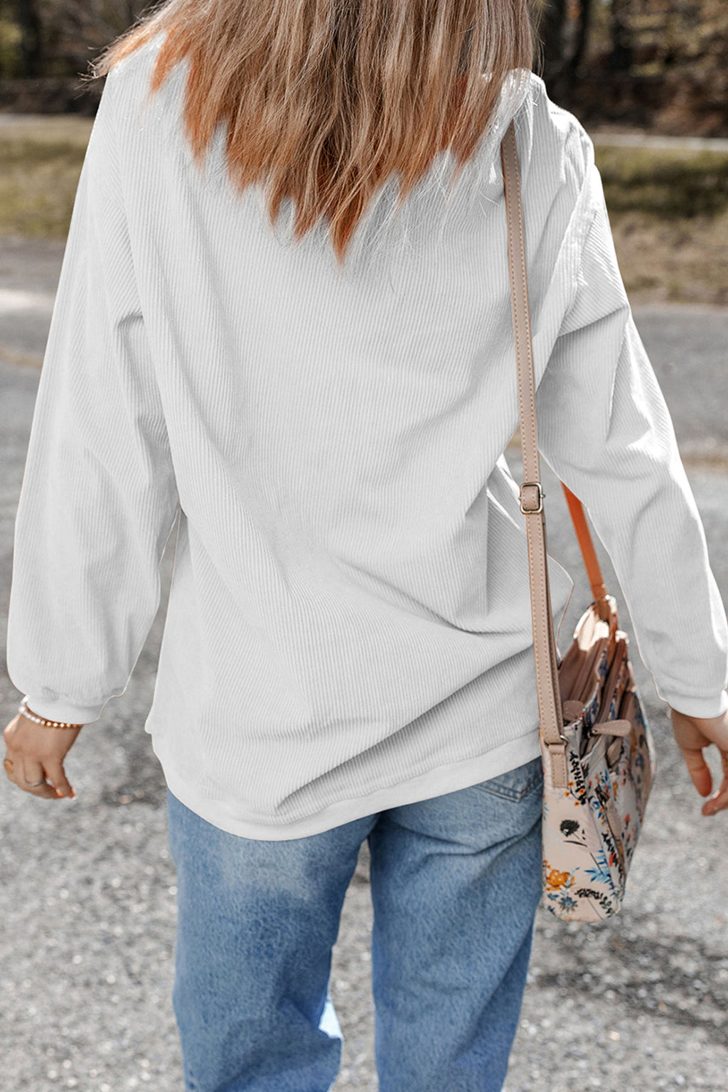 White Corded Ribbed LOVE Leopard Printed Design Drop Shoulder Sweatshirt