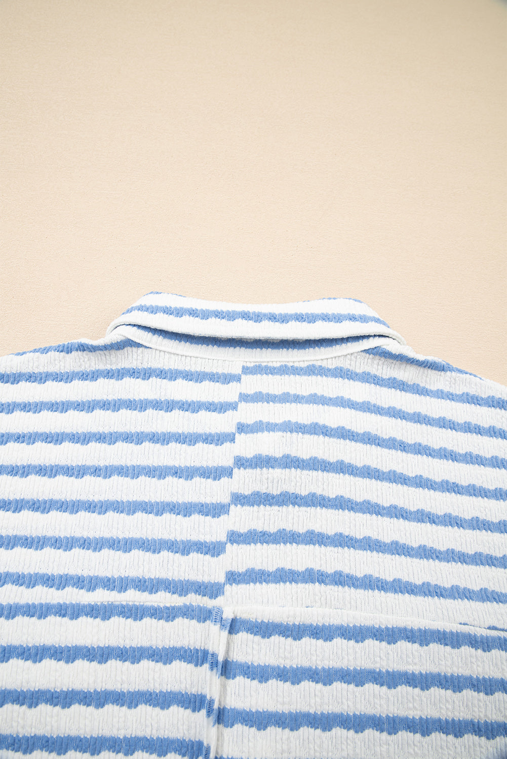 Sky Blue Stripe Half Button Collared Chest Pockets Loose Fit Blouse