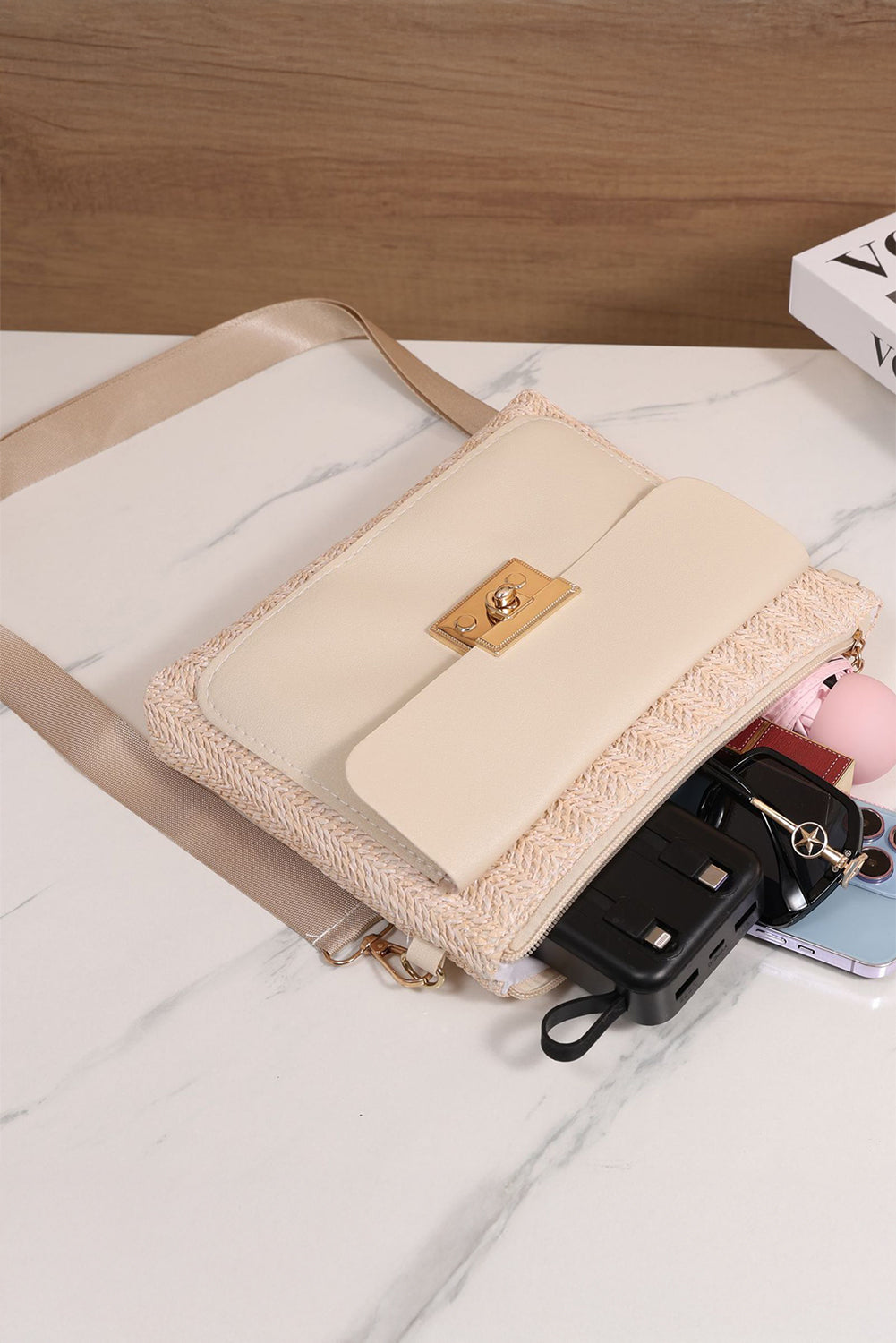 Thai Curry Leather Pocket Patchwork Straw Woven Shoulder Bag