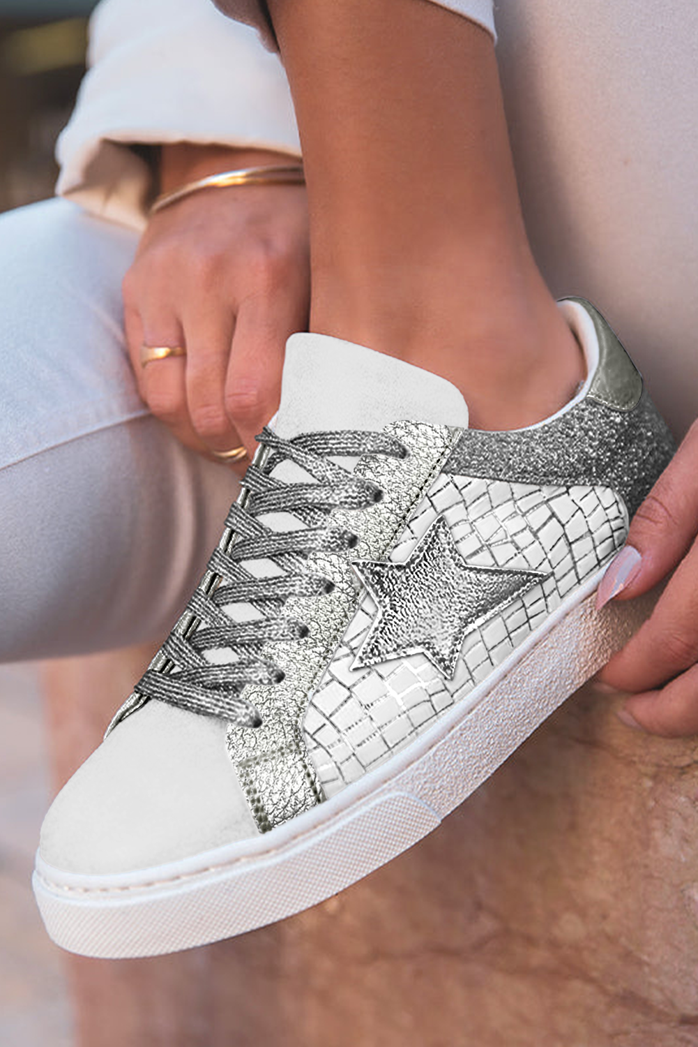 Dearlove Gold Glitter Star Patchwork PU Leather Lace-up Sneakers