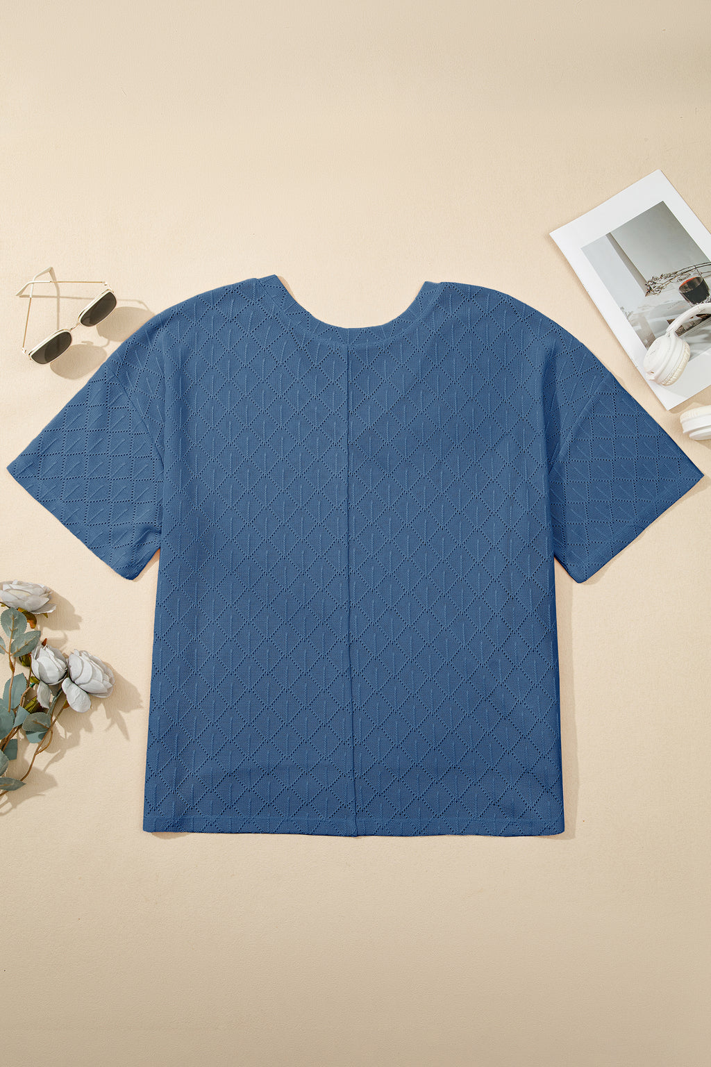 White Pointelle Rhombus Knit Plus Size V Neck Loose Top