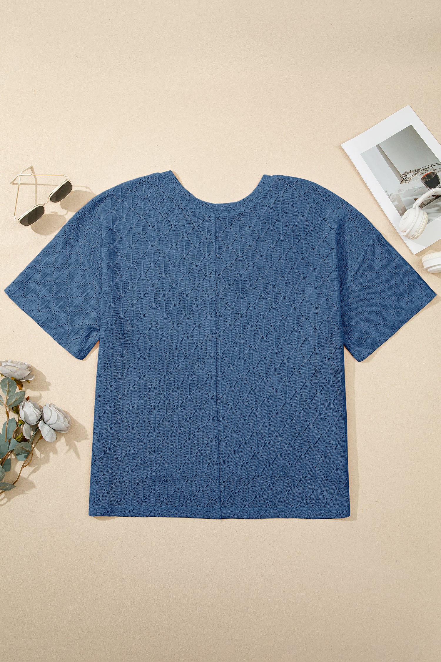 White Pointelle Rhombus Knit Plus Size V Neck Loose Top
