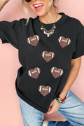 Black Rugby Football Sequin Heart Patched Graphic Tee