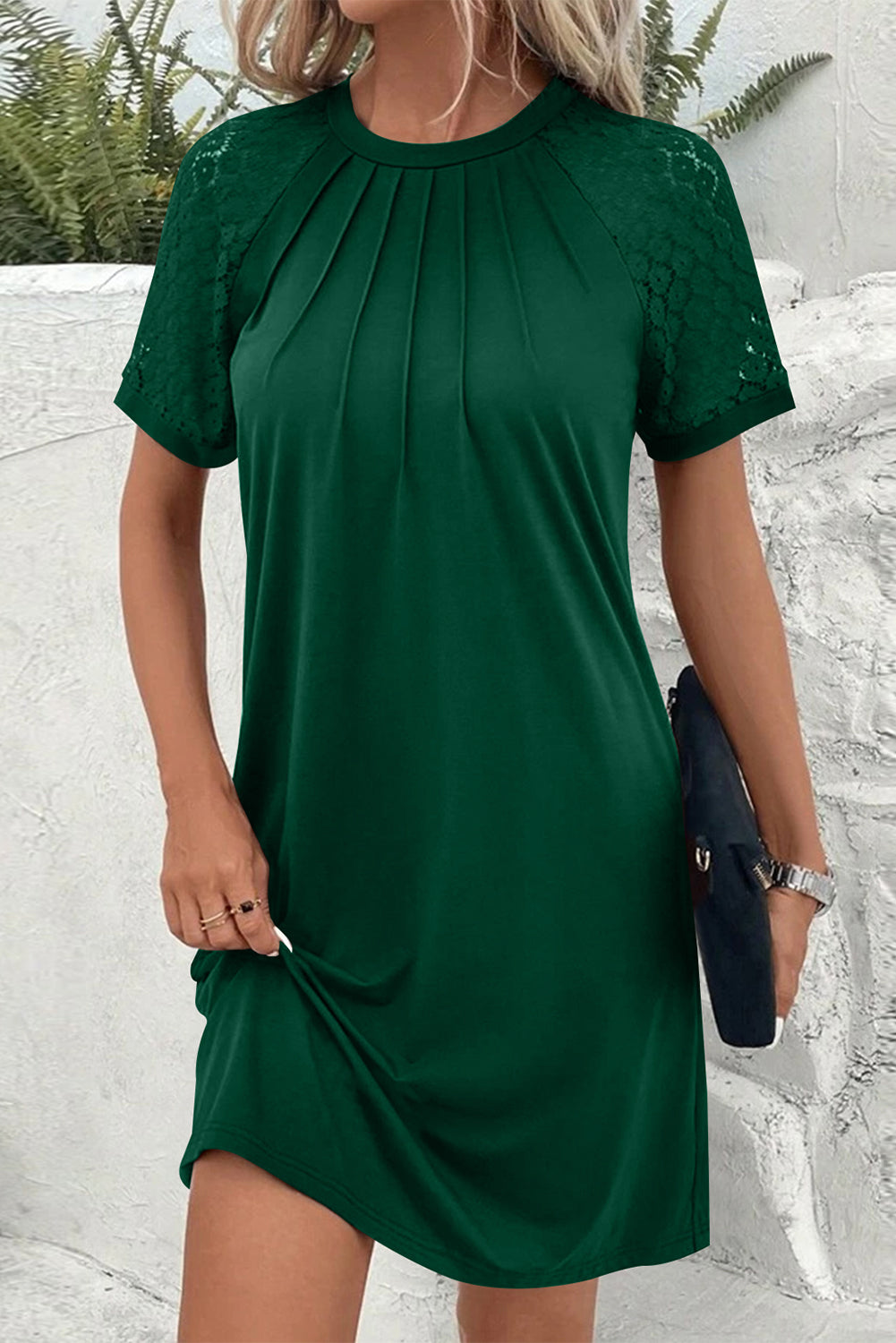 Navy Blue Contrast Lace Raglan Sleeve Pleated Detail Shift Dress