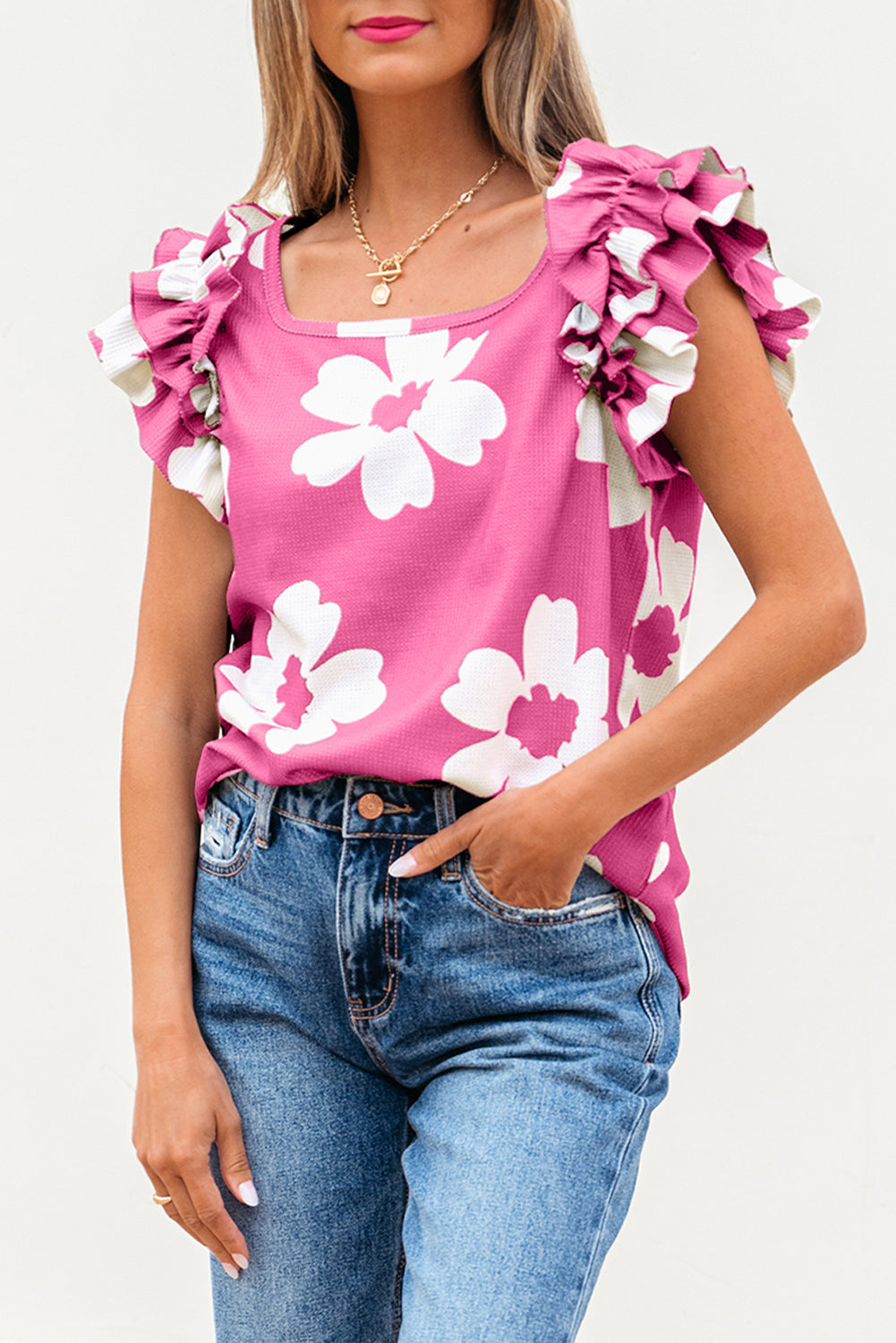 Brown Floral Textured Ruffled Short Sleeve Square Neck Blouse
