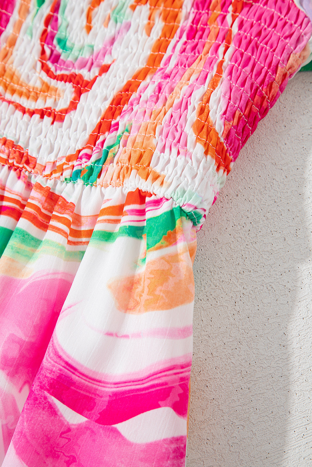 Pink Abstract Print Ruffled Sleeve Smocked Bust Maxi Dress