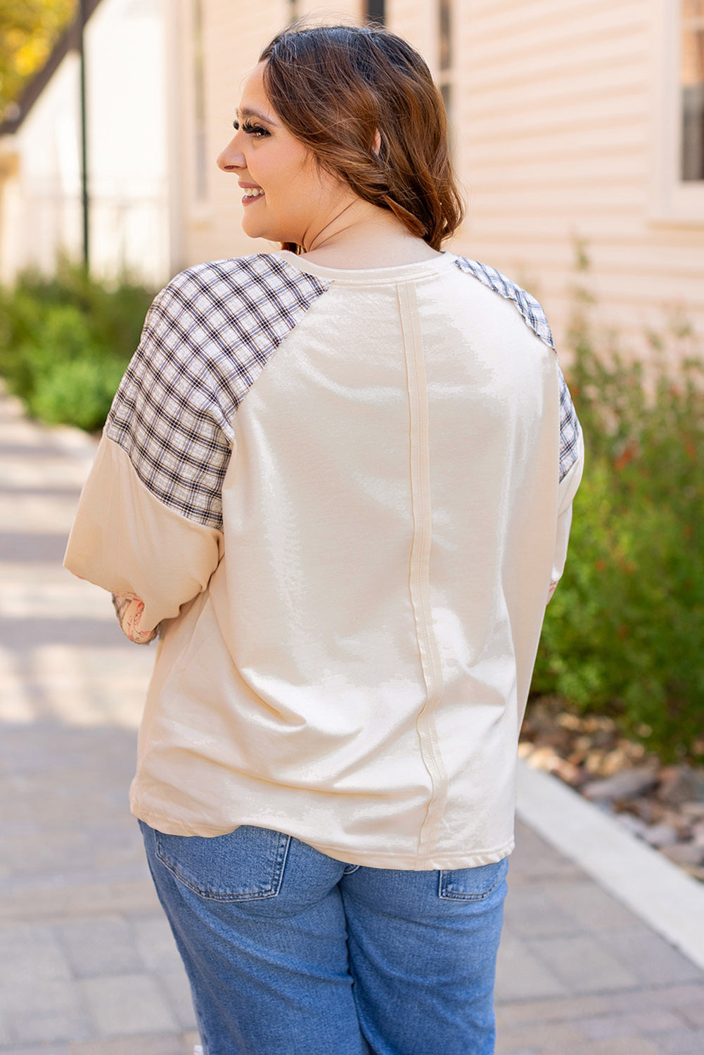 Beige Flower Patch Graphic Exposed Seam Wide Sleeve Top
