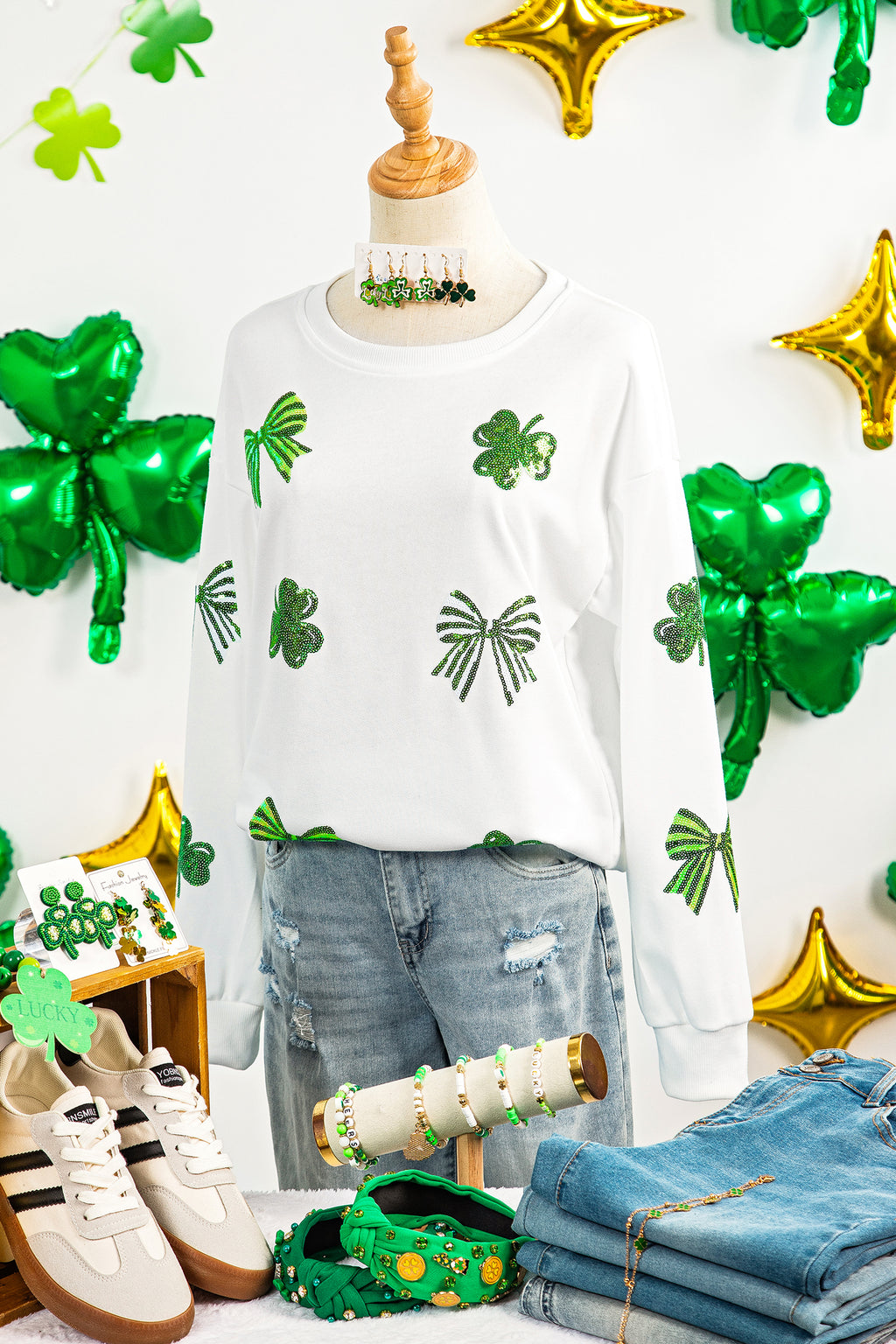 White LUCKY Clover Embroidered Long Sleeve Top