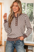 Dark Brown Half Button Ribbed Trim Checkerboard Knit Sweater