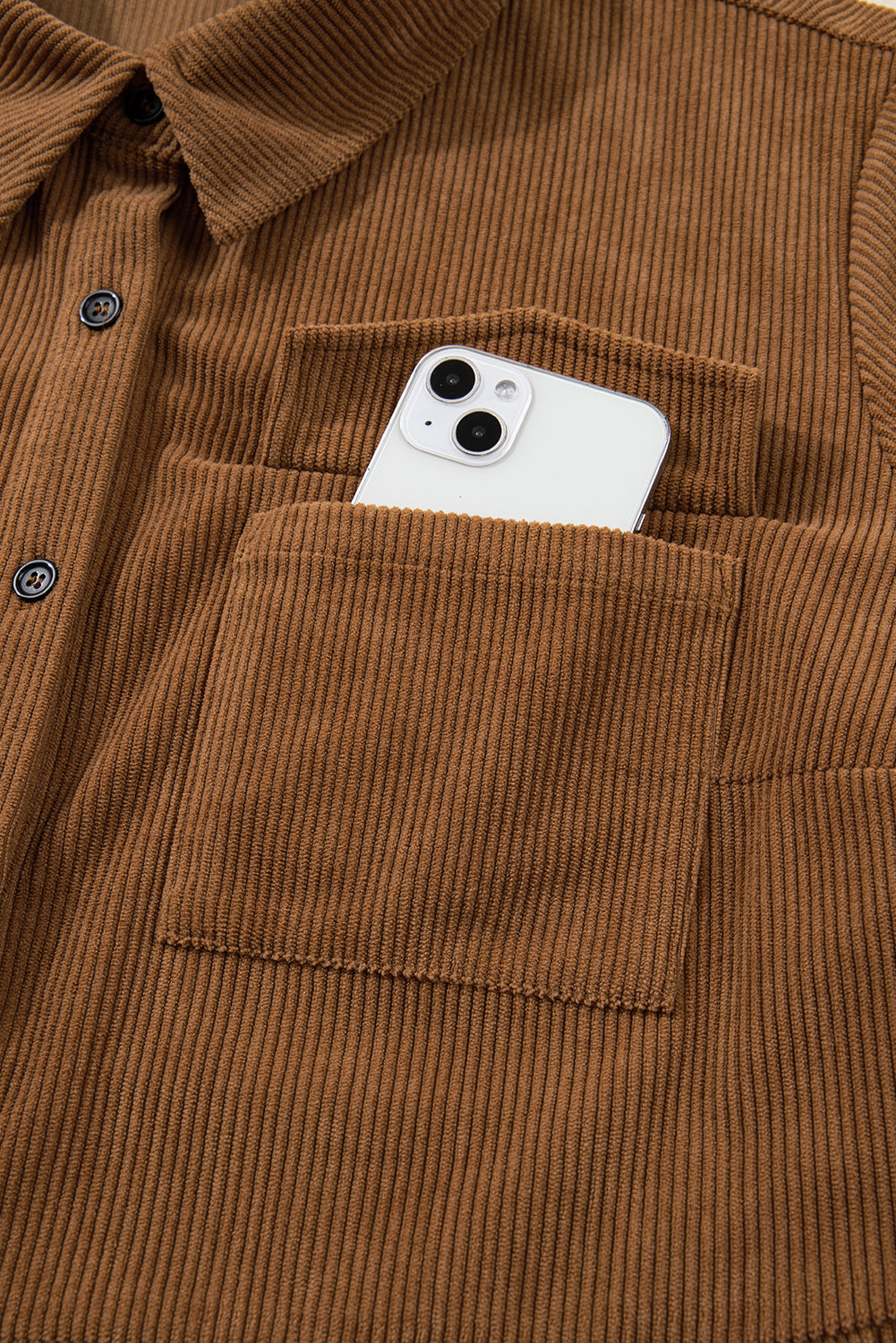 Camel Corduroy Full Buttoned Collared Shirt Style Plus Size Dress