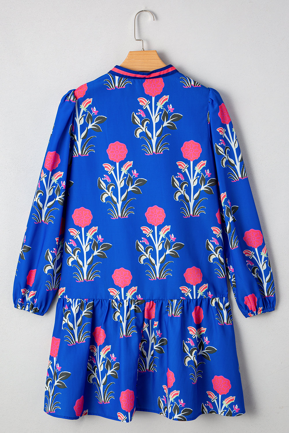 White Floral Print Contrast Striped Trim Notched Neck Long Sleeve Dress