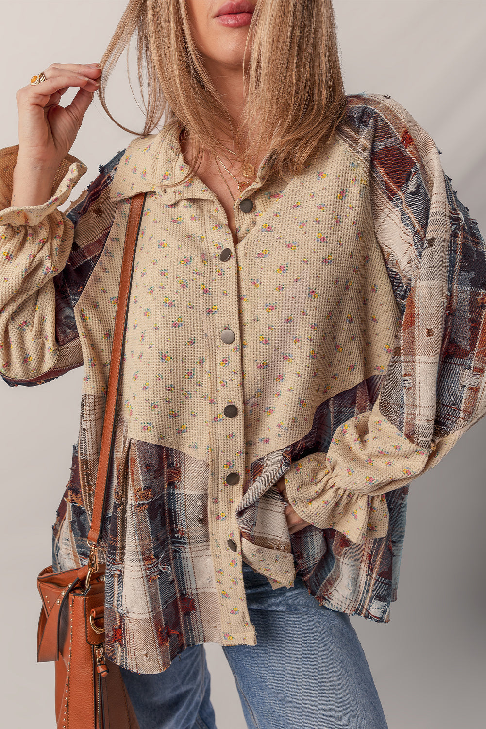 Mist Green Boho Floral Plaid Patchwork Distressed Detail Ruffled Sleeve Waffle Knit Shacket