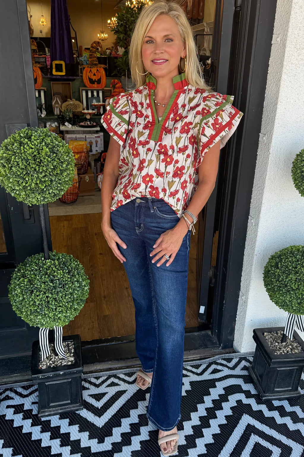 Pink Floral Print Contrast Trim V Neck Double Ruffled Short Sleeve Blouse
