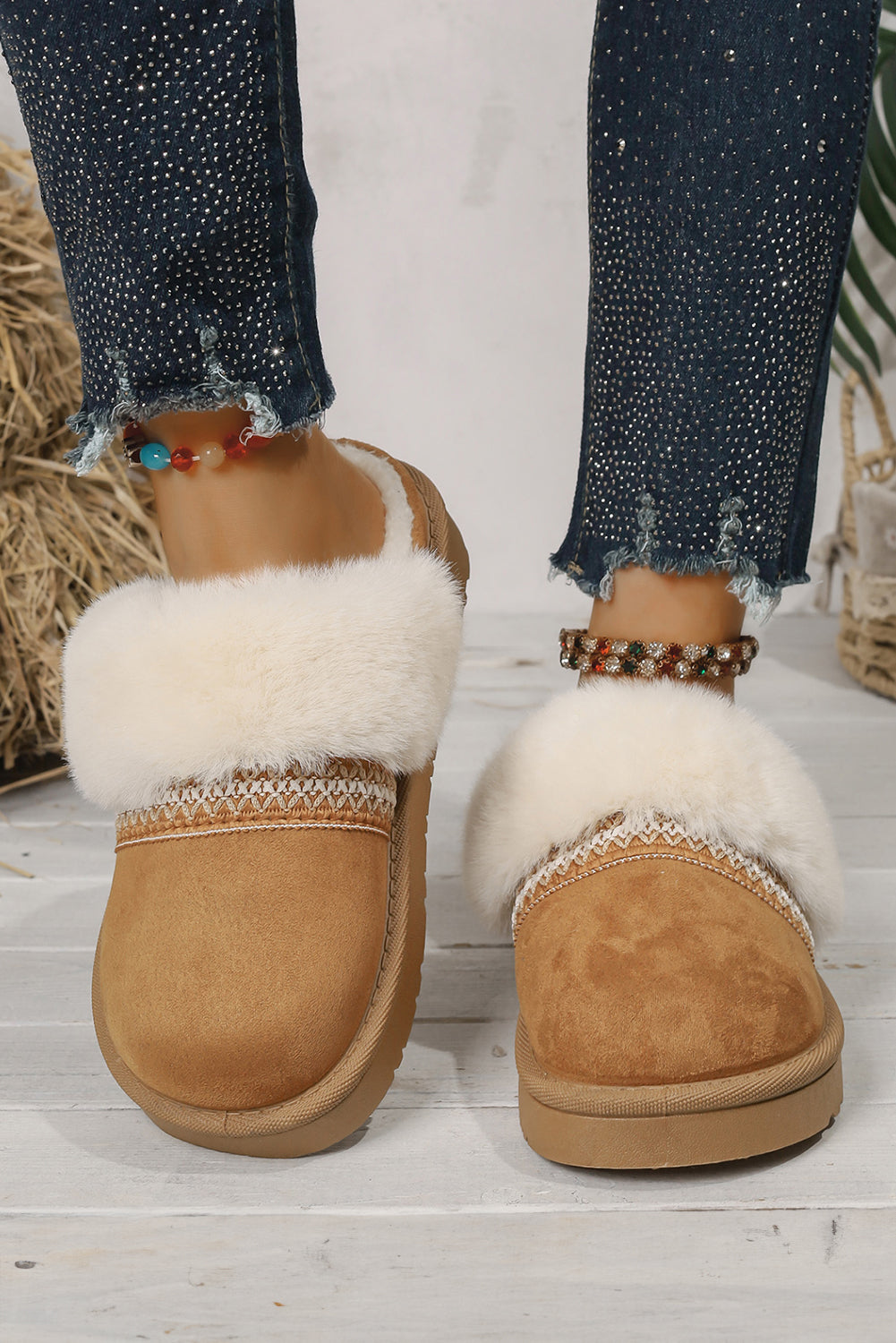 White Faux Suede Plush Trim Ethnic Mule Slippers