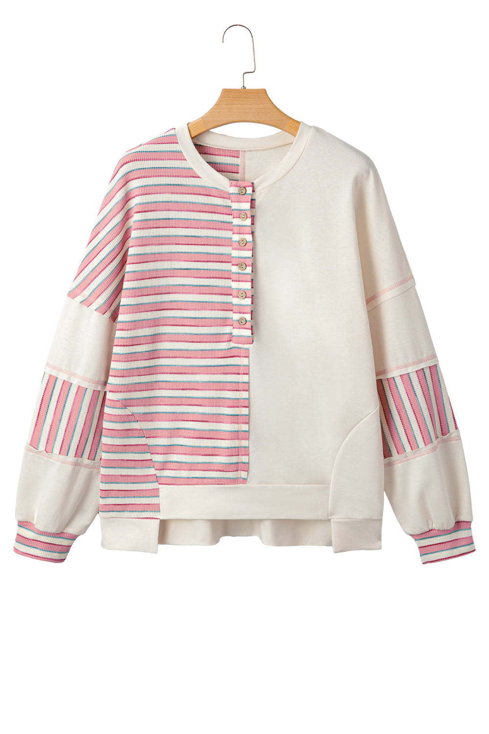 Khaki Stripe Stitched Detail Color Block Patchwork Oversized Pullover Top
