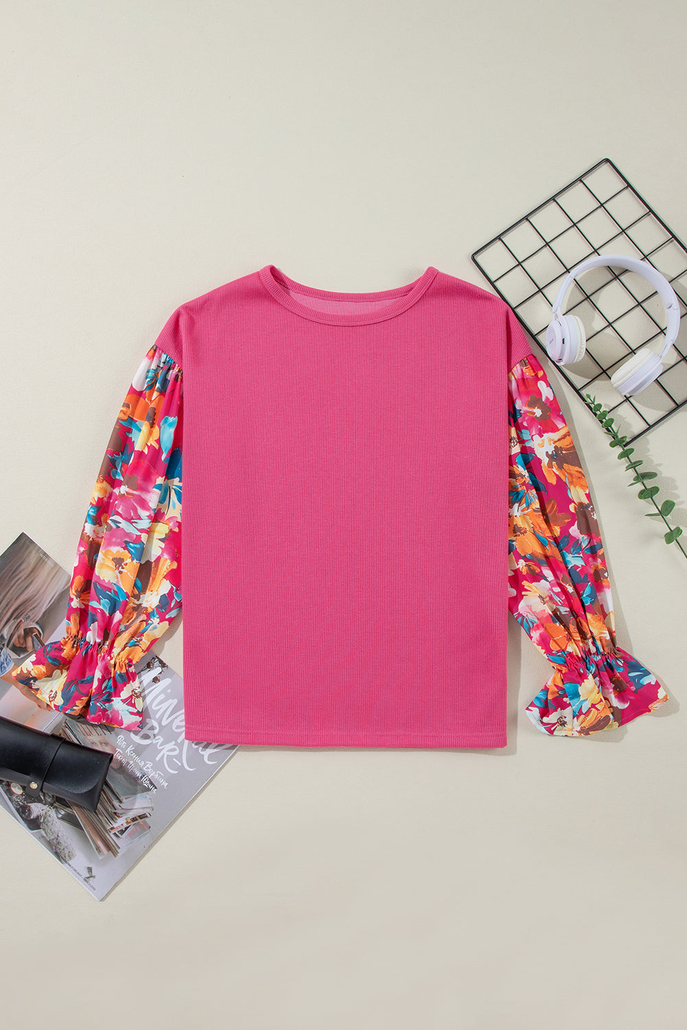 Bright Pink Floral Patchwork Flounce Sleeve Rib Knit Plus Top