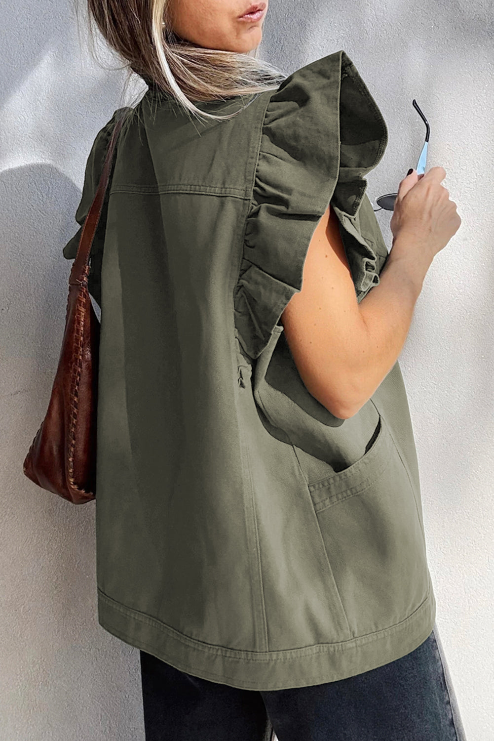 Pale Khaki Ruffled Patchwork Denim Jacket Vest