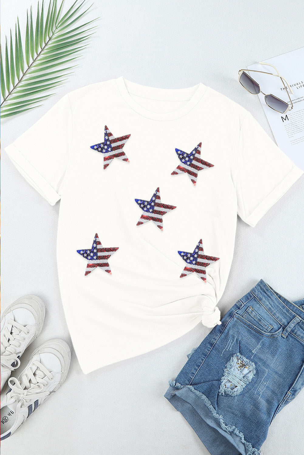 White Sequin American Flag Can Oversized Graphic Tee