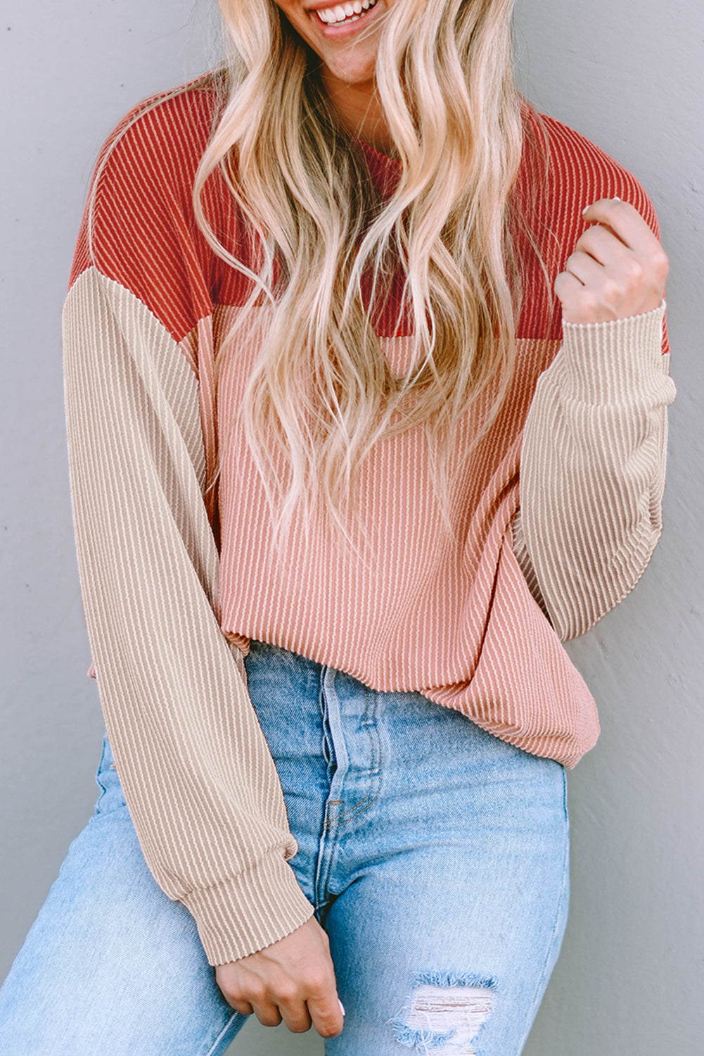 Pale Chestnut Color Block Corded Long Sleeve Top
