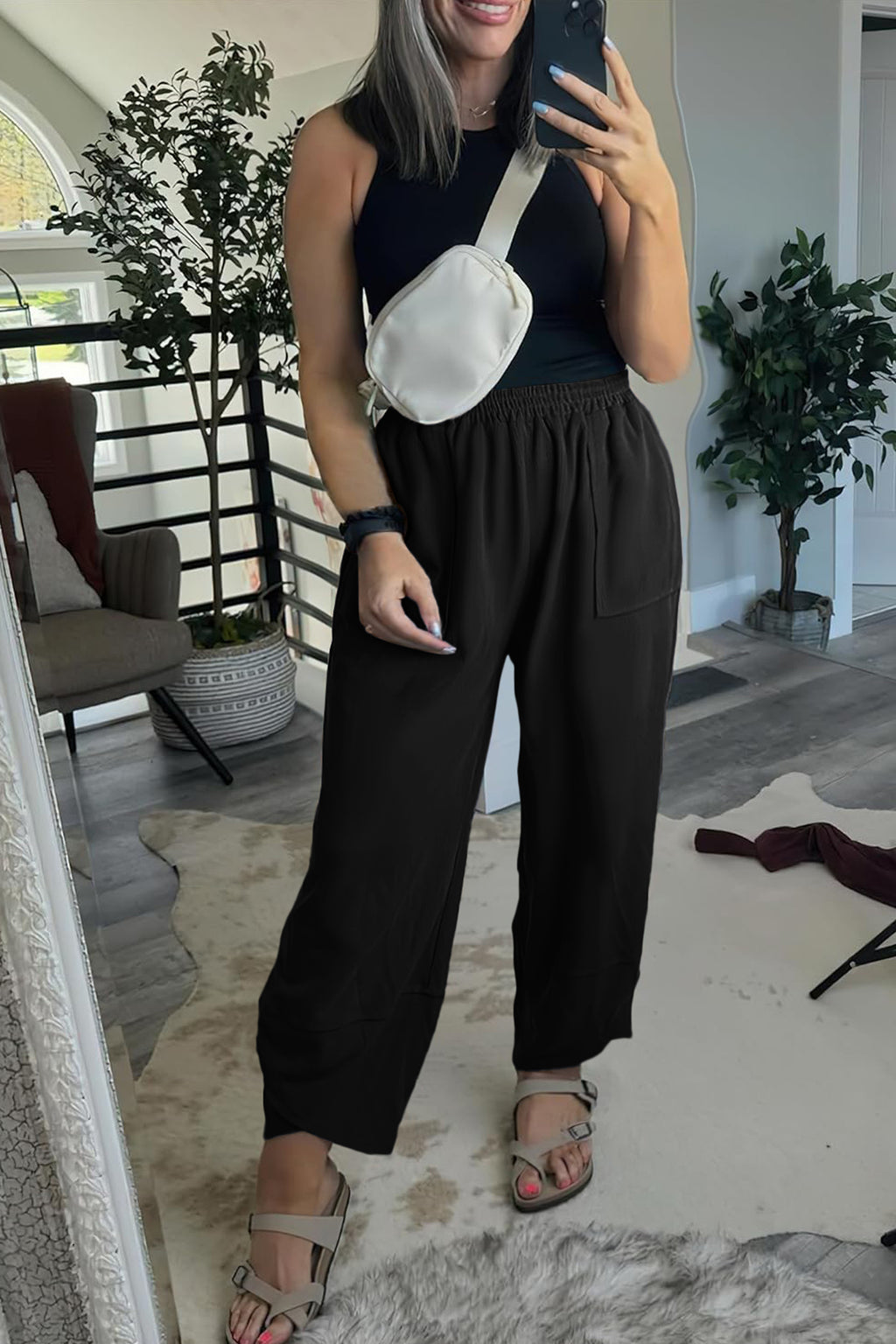 Sail Blue Plus Size Elastic Waist Asymmetrical Hem Loose Capris Pants