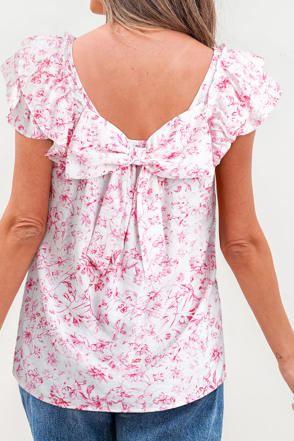 Beau Blue Textured Bow Knot Frilled Butterfly Sleeve Blouse