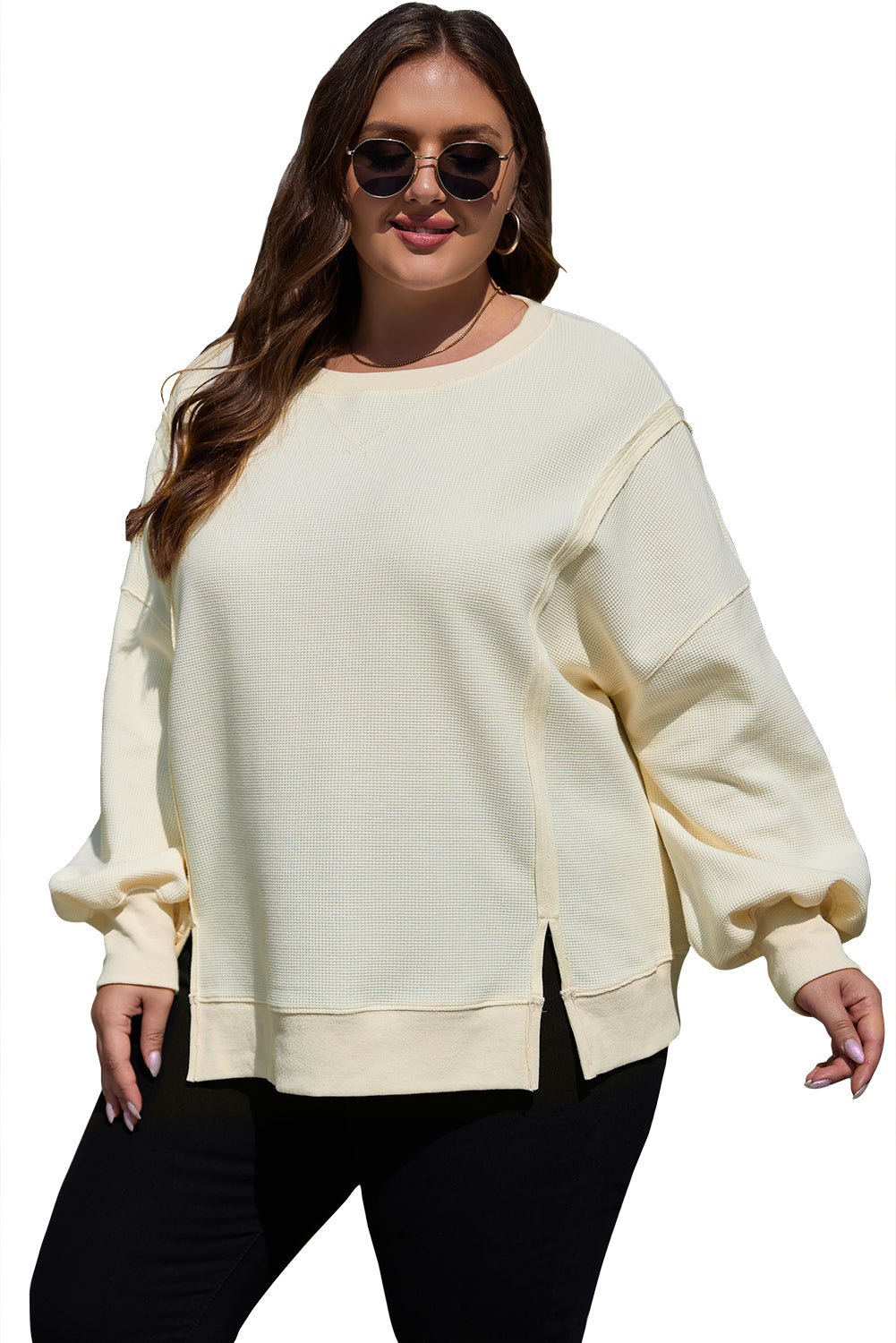 White Waffle knit Bishop Sleeve Split Oversized Top